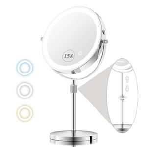 15X/1X Lighted Makeup Mirror with Magnification, 8” Rechargeable Magnifying Mirror with Lights, Adjustable Brightness Light Up Table Mirror with Adjustable Height, 360° Rotation Vanity Makeup Mirror