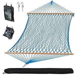 SUNCREAT Polyester Rope Hammock with Bamboo Spreader Bar, Carrying Bag, 450 lbs Capacity, Two Person Hammock with Tree Hooks, Blue