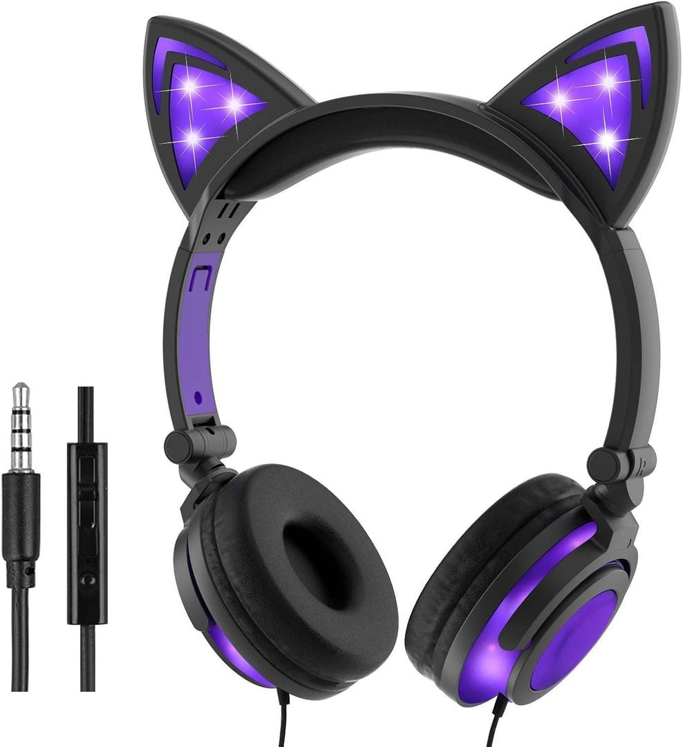 Olyre Kitty Cat Ear Wired Headphones for Kids Teens Adults - Rechargeable LED Light On-Ear Headphones with 3.5mm Jack,Foldable & Lightweight, Compatible with Android, Tablet, PC (Black & Purple)