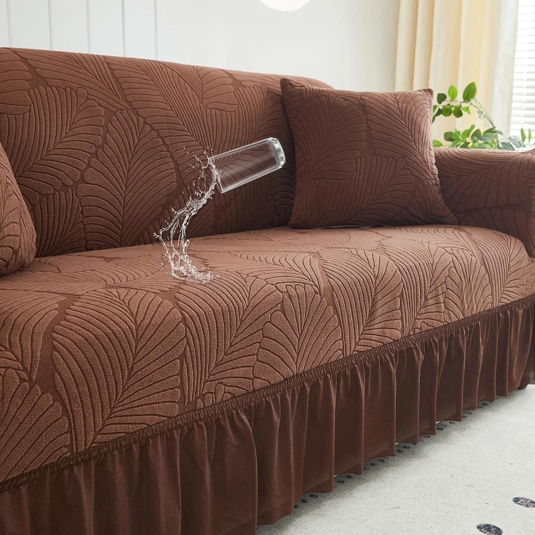 WONGS BEDDING Stretch Velvet Sofa Slipcover, Cushion Couch Cover with Skirt, Pet Friendly Durable Washable Stretchable, Easy Fit Universal Furniture Protector, (66"-90",Brown)