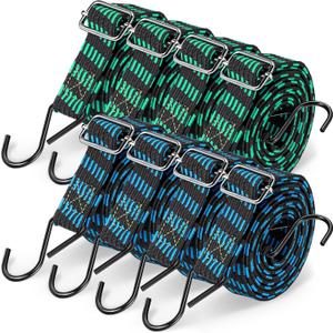 Saintrygo 8 Pcs 80 Inch Adjustable Flat Bungee Cords with Hook Heavy Duty Elasticity Long Bungee Straps 1 Inch Width Latex Straps Anti Rust Metal Buckle Luggage Rope (Green Black, Blue Black)