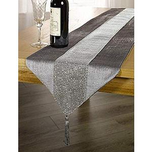 OZXCHIXU 13inch x 72inch Table Runner with Diamante Strip and Tassels (Grey)