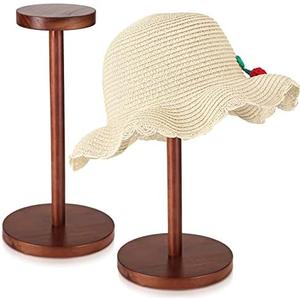 Chunful 2 Pieces Hat Display Stand Rustic Wood Hat Rack Holder Stand Vintage Wig Holder Jewelry Display Riser Helmet Organizer Storage for Home(Brown)