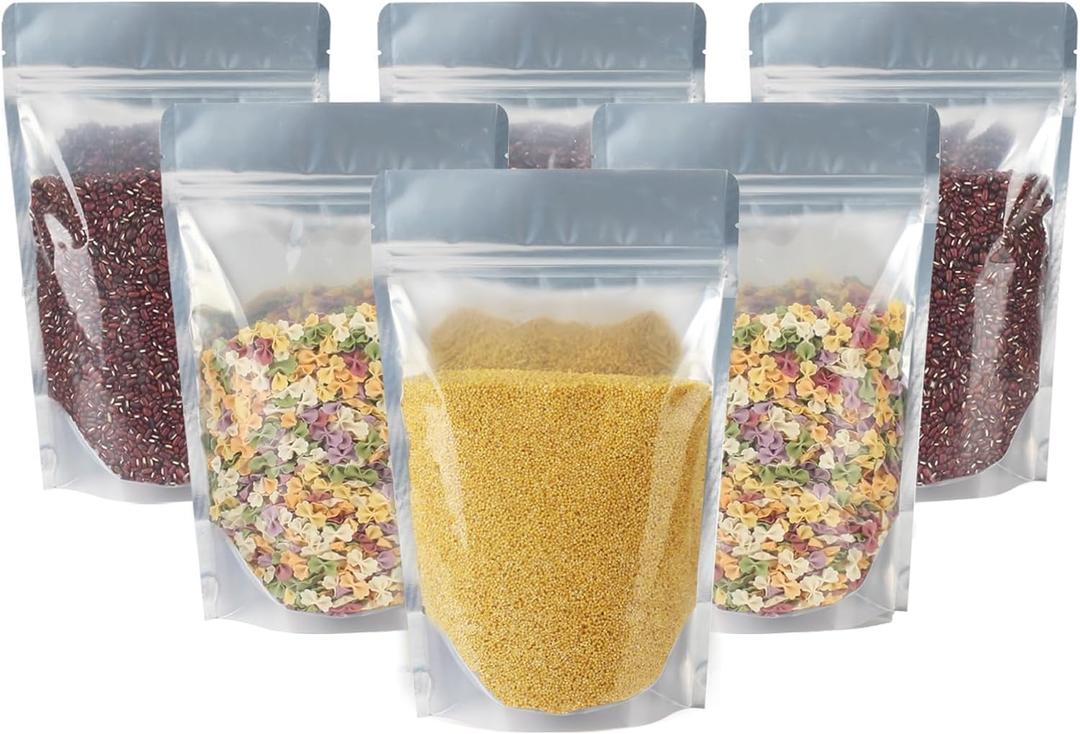100 Pack 8 x 12 Inch Stand Up Pouch Bags Zipper Mylar Bags Clear Front with Aluminum Foil Back Reusable Food Storage Bags for Multipurpose with Gusset Bottom(5.5mil Thickness)