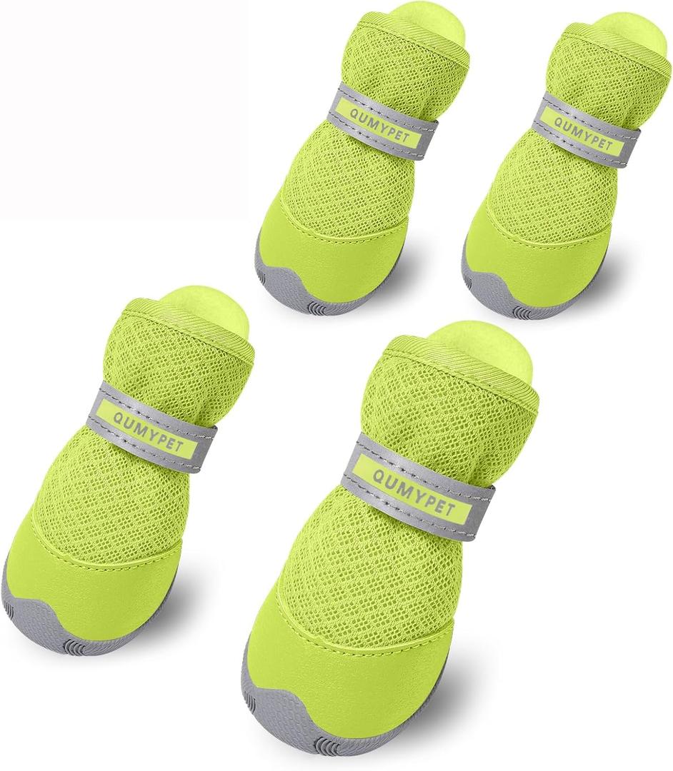 QUMY 4PCS Dog Shoes for Small Dogs, Hot Pavement Summer Puppy Dog Boots & Paw Protectors with Soft Anti-Slip Rubber Sole, Mesh Breathable Dog Booties for Hardfloors, Walking Running (size 5: 2.25"x1.78"(L*W), Fluorescent)