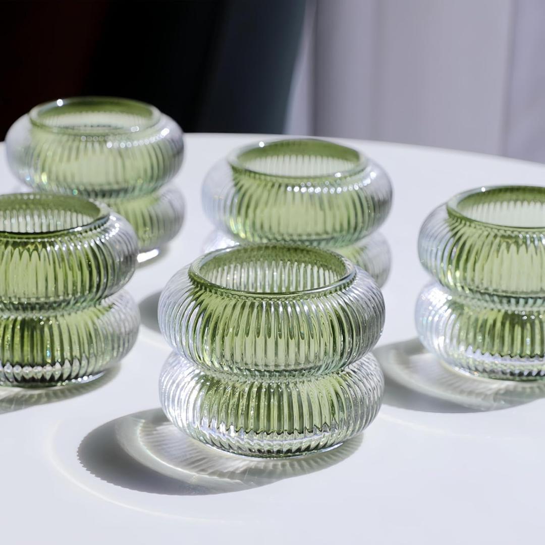 Woho Ribbed Glass Votive Candle Holders Set of 6, Vintage Tealight Candle Holder for Wedding Decor, Elegant Tea Lights Candle Holder for Dinner Table/ Christmas Decorations(Green, 2.1" H X 2.75" D)