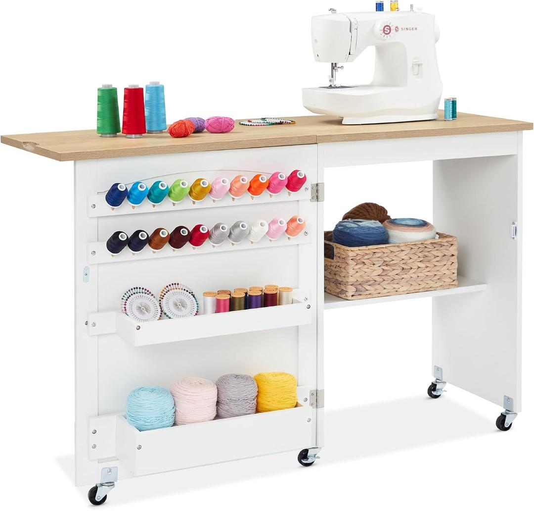 Best Choice Products Folding Sewing Table Multipurpose Craft Station & Side Desk with Compact Design, Wheels, Shelves, Storage Trays, Pegs, Magnetic Doors, Metal Doorknobs - Natural/White