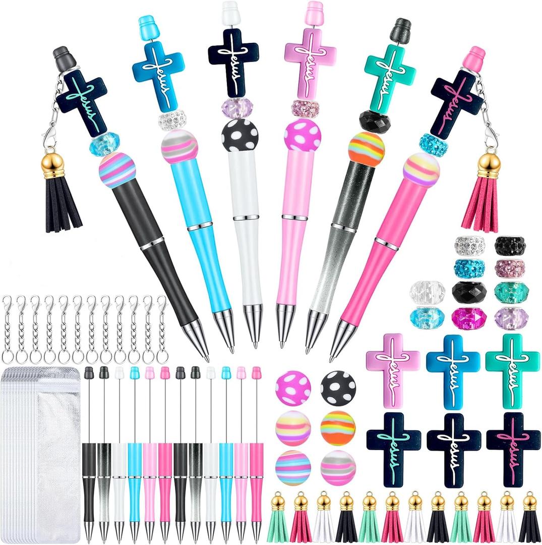 12 Pieces Beadable Pens Bulk with Colorful Silicone Beads for DIY Pen Making Kit Smooth Writing Beaded Pen for Women Kids Students Office School(Jesus)