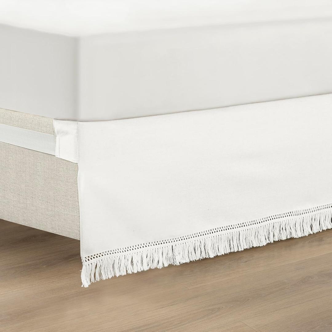Lush Decor Boho Fringe 15-Inch Tailored Drop Easy Fit Bed Skirt King Size Single 78" W x 80" L +15" Pure White - King Bed Skirt - Wrap Around Bed Skirt