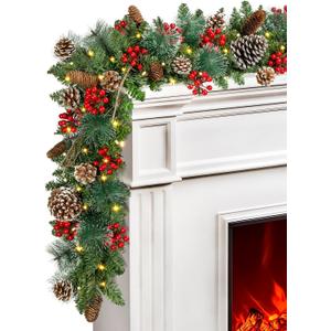 TigeJoy 9FT Luxury Prelit Christmas Garland with Warm White LED Timer Lights, Snow Cedar Garland with Red Berries, Mixed Pinecones, 8 Modes 3AA Battery Operated Xmas Decor for Fireplace Doorway Porch