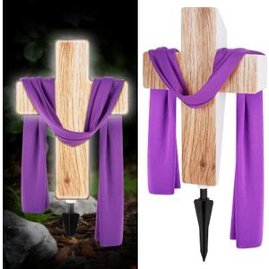 He Is Risen Solar Cross Easter Decorations for Home Outside Lighted Wood Grain Stake with 59" Purple Scarf Religious Christian Memorial Sign for Cemetery Grave Garden Yard Holiday Patio Lawn