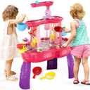 Water Table for Toddlers 3-5, 3-Tier Kids Splash Sand Table Water Toys, Rain Showers Splash Pond for Outdoor Beach Backyard Summer, Activity Sensory Play Table for Girls, Pink
