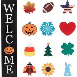 Interchangeable Welcome Sign for Front Porch- 45"X9" Large Standing/Hanging Wooden Sign with 12 PCS Replaceable Icons for 4th of July Fall Halloween Porch Wall Yard Decorations, (Black)