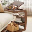 AQIMUELE Wooden C-Shaped End Table,Couch Desk with 2 Lockable Wheels,4-Tier Couch Table with Storage Bag,Small Rolling Side Table Tv Trays for Couch, Living Room,Bedroom (Walnut)