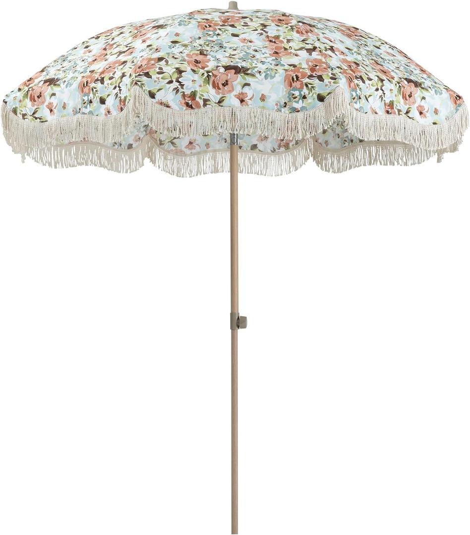 Tempera 7ft Boho Beach & Patio Umbrella with Fringe, Market Umbrellas with UPF 50+ UV & Water-Resistant Canopy, 1.5" Wood Pole & Button Tilt. (Abigail)