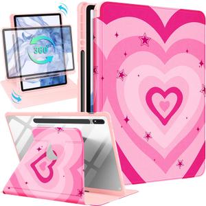 Wazzasoft for Samsung Galaxy Tab S7 Fe/S7 Plus/S8 Plus Case 12.4 Inch Folio Cover Pencil Holder Women Girls Cute Girly Heart Unique Design Rotating Tablet S8 Plus 2022/S7 Plus 2021/S7 FE 5G Cases