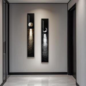 Framed Long Narrow Vertical Moon Wall Art Set of 2, Modern Black White Gold Bright Art Prints Paintings, Night Sea Landscape Pictures for Living Room Entryway Hallway Dining Room Bedroom Wall Decor