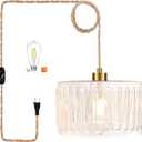 QIYIZM Glass Plug in Pendant Light Hanging Lights with Plug in Cord Milk White Hanging Lamp Gold Dimmable Mid Century Modern Plug in Chandelier Ceiling Fixture for Living Room,Kitchen,Boho