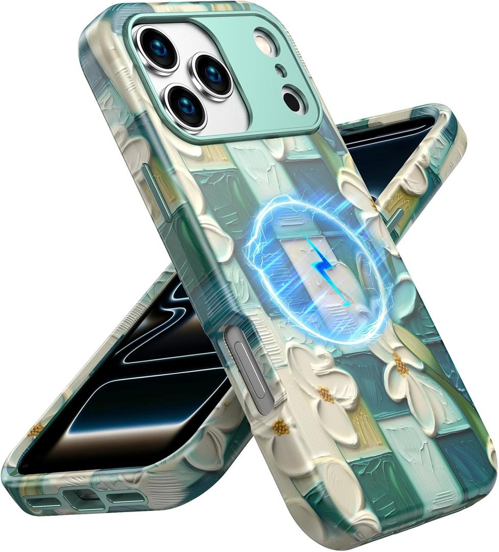 ACKETBOX for iPhone 17 Pro Max Case,Shockproof Dropproof Protective Phone Magsafe Wireless Bumper Cover,Heavy Duty Protection Hybrid Designed for Anti Drop,Anti Scratch,Green Flower