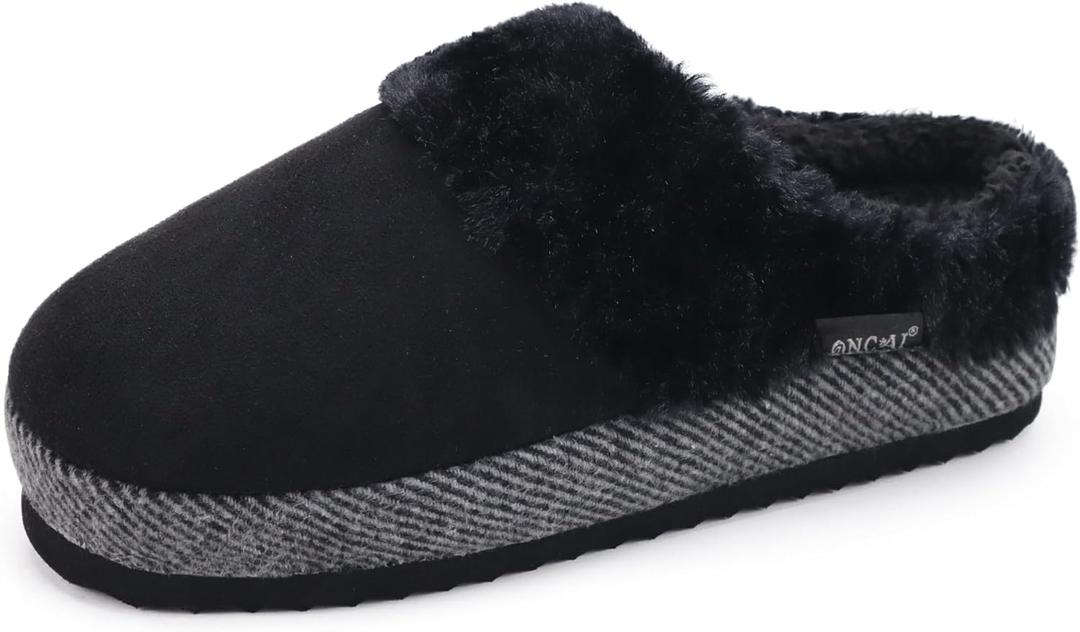 ONCAI Womam Slippers with Cushion Yoga Mat Faux Fur Lining Fuzzy Suede Warm Winter House Slippers Shoes Ladies Indoor and Outdoor Cozy Rubber Sole US Size 5-11 (Black)
