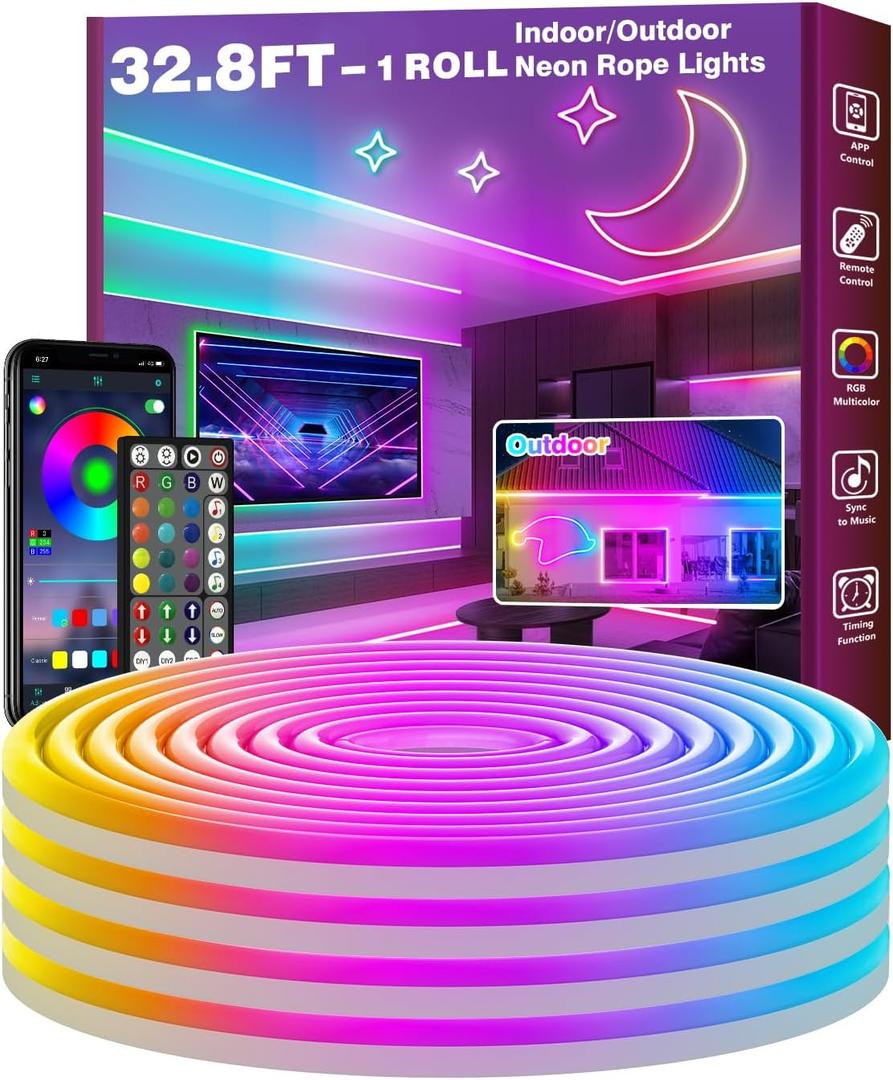 32.8Ft Led Rope Lights, Flexible Neon Lights Control with App/Remote, Multiple Modes, IP65 Outdoor RGB Waterproof, Music Sync Gaming Light Strip for Bedroom Decor