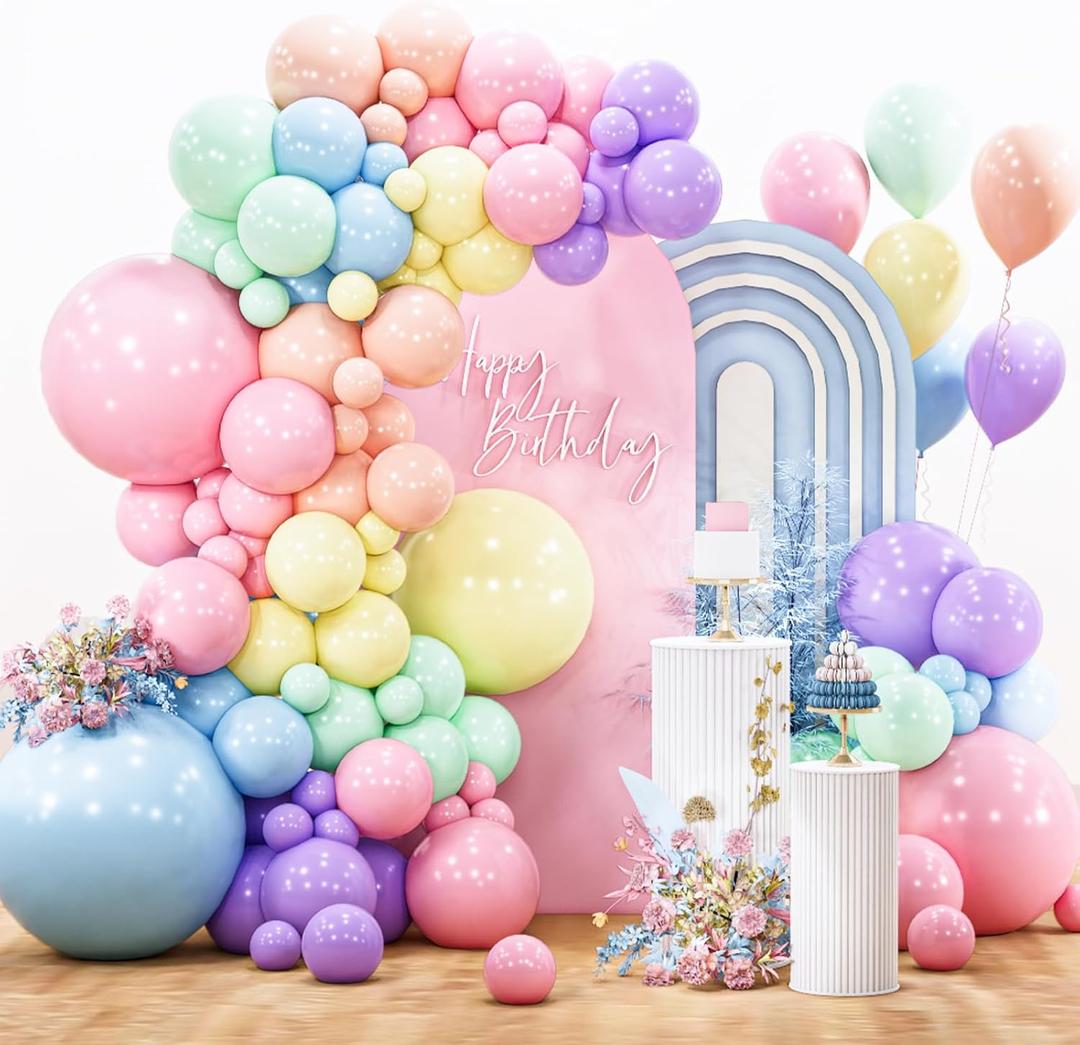 PartyWoo Pastel Balloon Arch Kit Garland 142pcs Different Sizes of 18 12 10 5 Inch Light Baby Pale Pink Blue Green Purple Yellow Orange Balloons for Baby Shower Graduation Birthday Party Decorations