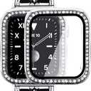 Mosonio Compatible for Apple Watch Band 42mm with Screen Protectors Case Women, Jewelry Bracelet Metal Bands with 2-Pack Bling Case Cover for 42mm iWatch Series 3 2 1(Silver Link with Black Leather)