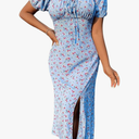 Women's Ditsy Floral Puff Sleeve Long Dress Sweetheart Neck Split Thigh Vacation Maxi Dresses, S/M