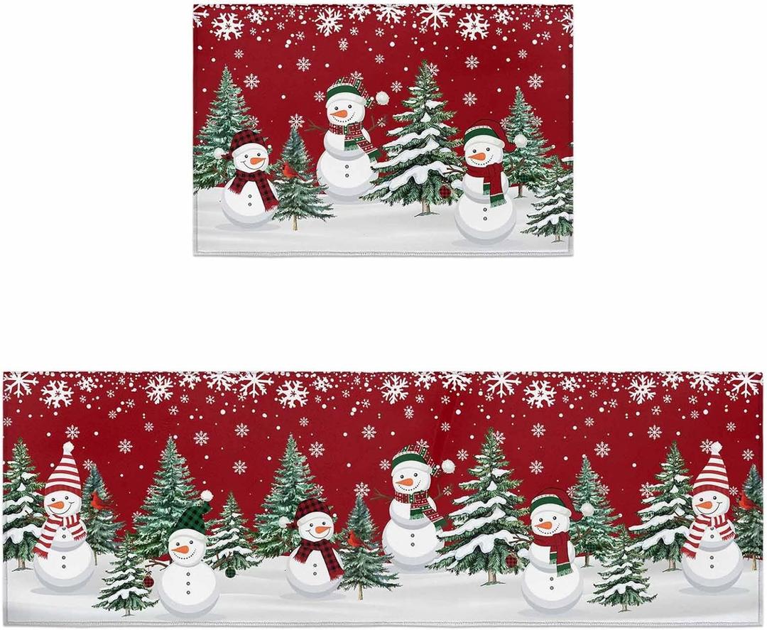 LooPoP Christmas Snowman Kitchen Mats for Floor Cushioned Anti Fatigue 2 Piece Set Kitchen Runner Rugs Non Skid Washable Red and White (19.7x31.5inch+19.7x47.2inch)