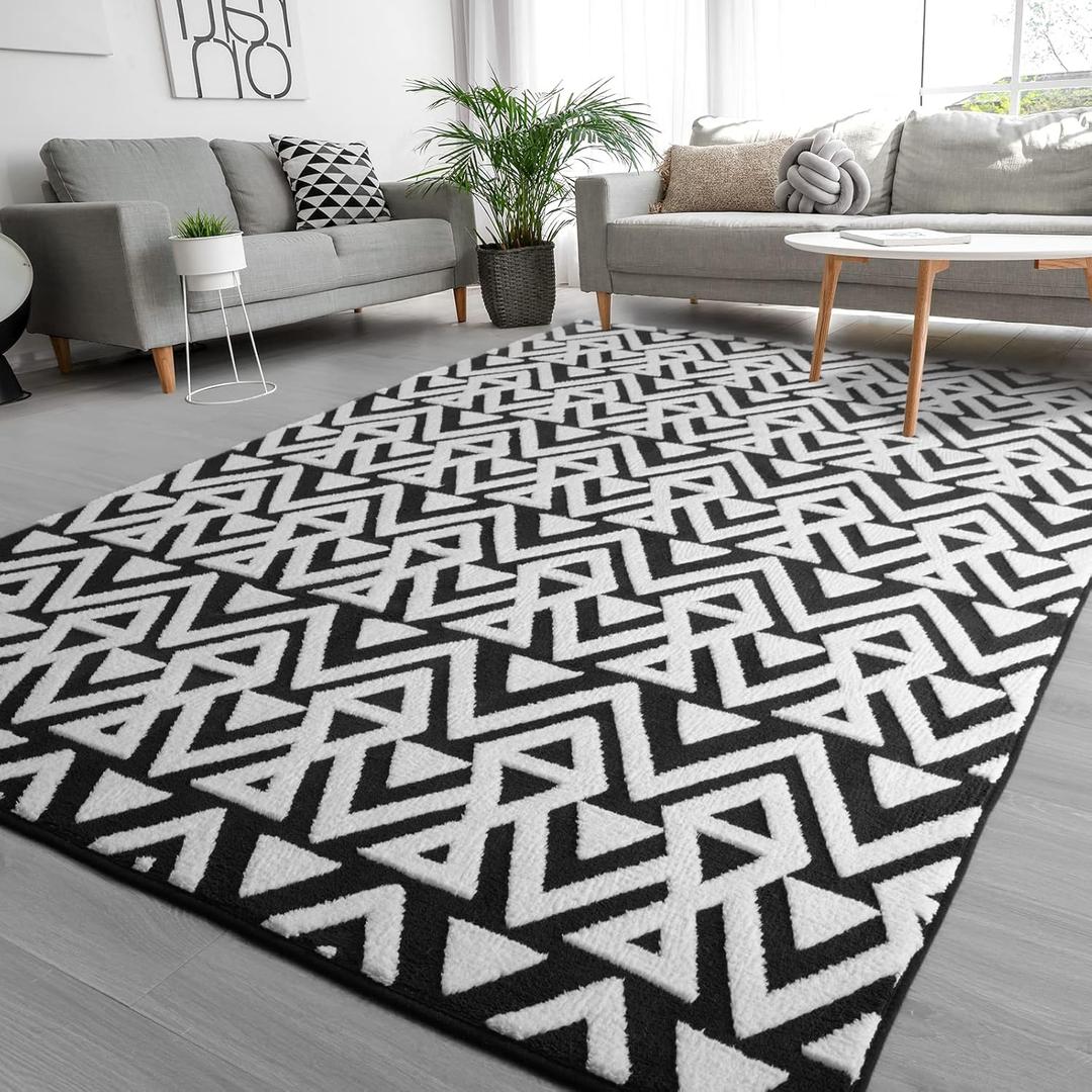 Ompaa Ultra Soft Geometric Bedroom Rugs Memory Foam Carpet, Black 7 x 10 Feet Large, Cozy Area Rugs for Living Room Couch Dorm Bedside Kids Girls Teens Room Nursery Decor Floor Mat (7x10 Feet)