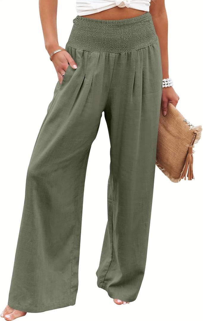 ANRABESS Women Linen Palazzo Pants Summer Boho Wide Leg High Waist Casual Lounge Pant 2025 Beach Travel Vacation Outfits (Large, Olive)