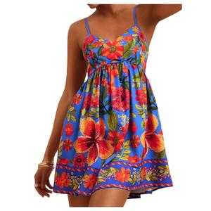 SOLY HUX Women's Summer Floral Print Mini Dress V Neck Spaghetti Strap A Line Flowy Boho Vacation Dresses Sundress Blue Floral X-Large