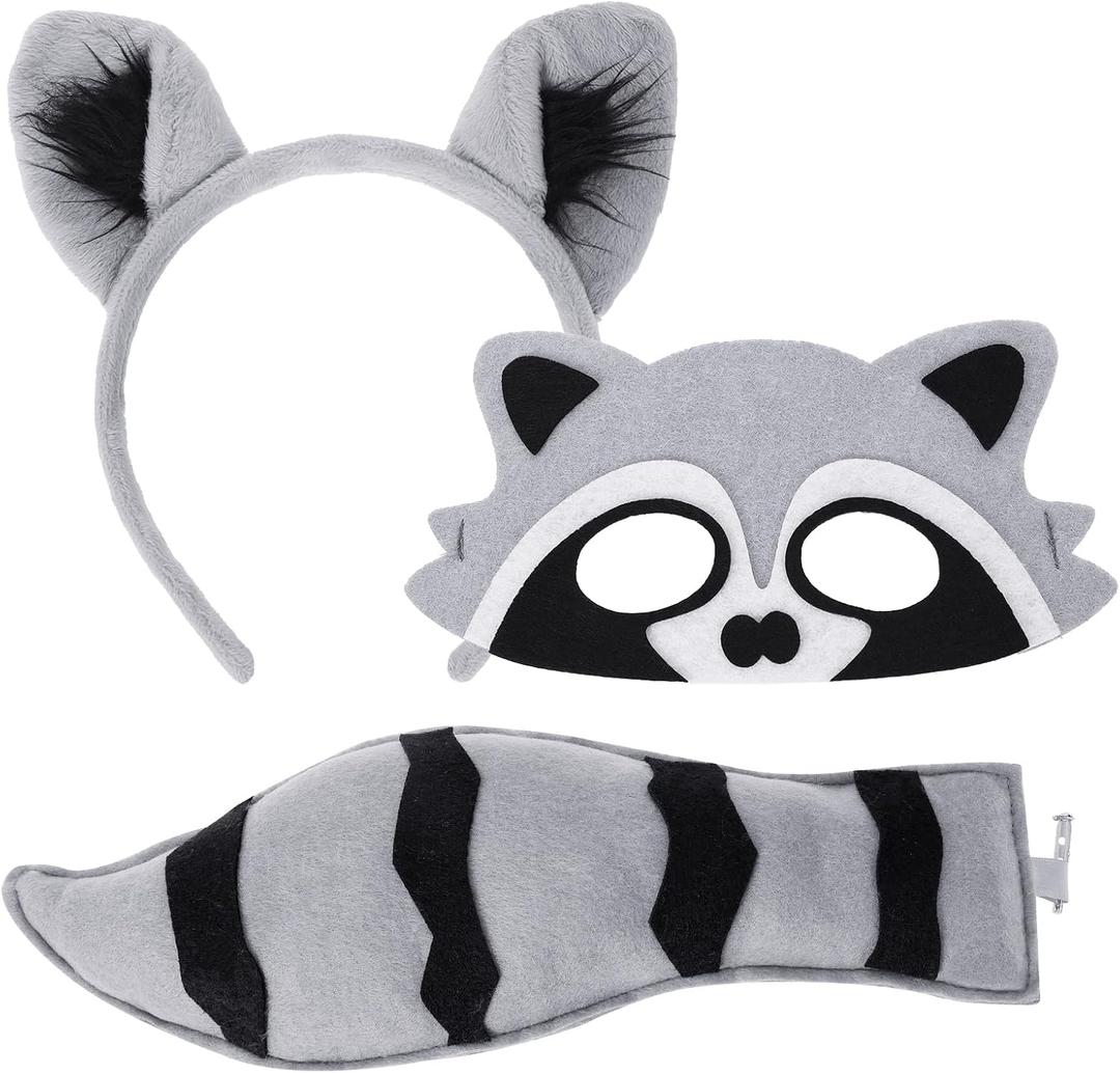 XEPST Animal Raccoon Costume Set, Raccoon Ears and Tail Set with Ears Headband Eyemask and Tail for Animal Costume Cosplay Birthday Party Accessories Carnival Halloween Fancy Dress Party Supplies (Gray)