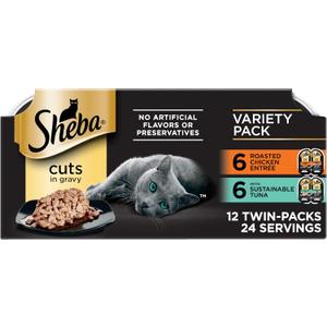 Sheba Perfect Portions Wet Cat Food Cuts in Gravy, Roasted Chicken Entree and with Sustainable Tuna, 2.6 oz. Twin-Pack Trays (12 Count, 24 Servings) BB 10/6/27