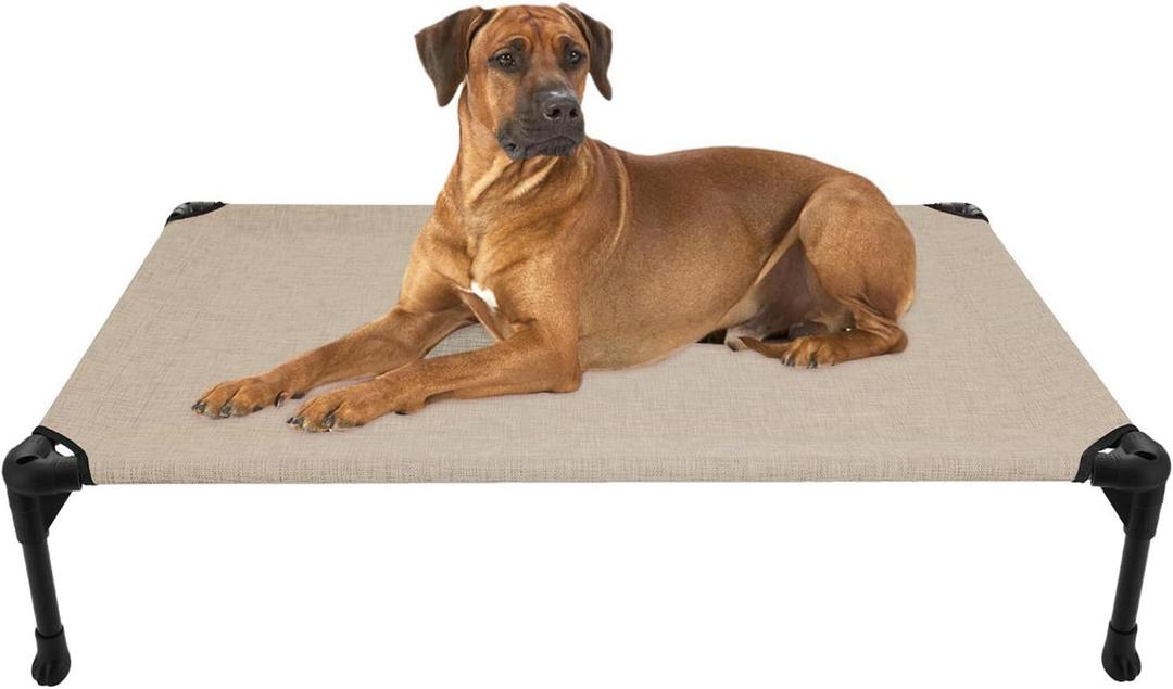 Veehoo Outdoor Elevated Dog Cot Bed, Cooling Raised Pet Bed for Large Dogs, Washable Breathable Mesh Hammock Bed with No-Slip Feet, Indestructible Ground Off Training Platform Cot-42"x30" Beige Coffee