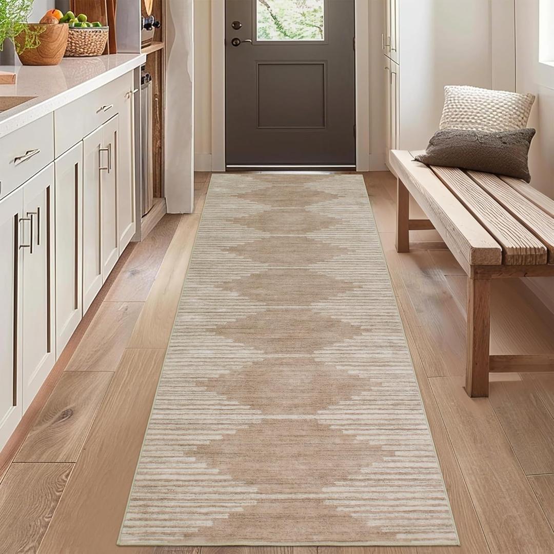 HelloTree Hallway Runner Rug,2.6x8 Moroccan Modern Stripe Carpet Washable Machine Bathroom Runner Bohemian Modern Soft Non Slip Indoor Rug for Entryway Hallway Laundry Room Bedroom-Pink&Khaki