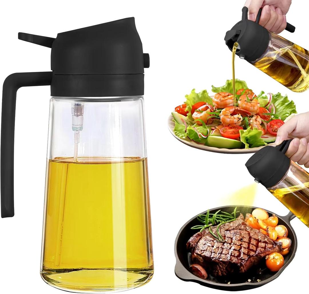 2 in 1 Oil Dispenser and Oil Sprayer, 470ml Dispenser Bottle Spray and Pour, Glass Olive Oil Sprayer for Cooking, Food-Grade Oil Spray Bottle Mister Spritzer for BBQ, Air Fryer, Kitchen (Black)