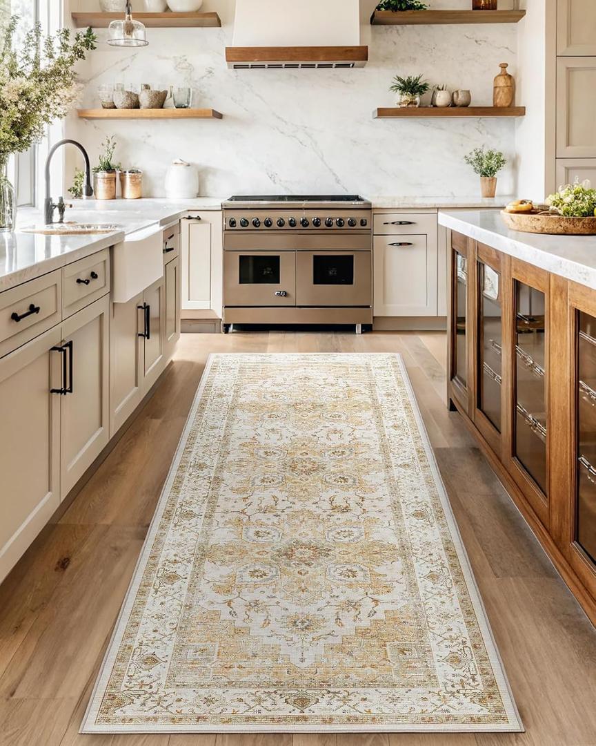 AMADA HOMEFURNISHING 2.7x8 Washable Runner Rug, Low-Profile Kitchen Runner Rugs with Non-Slip Backing & Durable Edge Binding, Vintage Entryway Rug for Bedroom & Hallway (Beige)