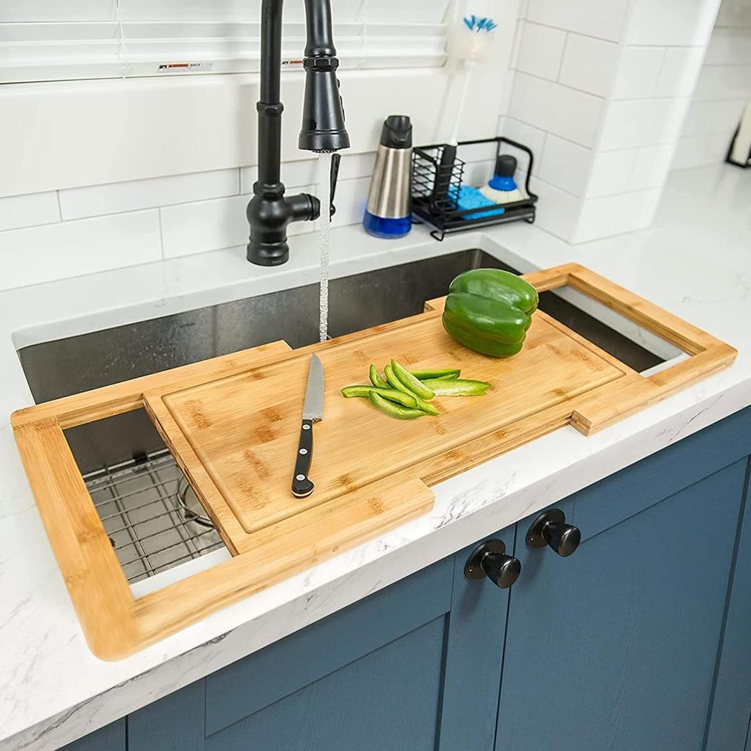 [2024 UPGRADE] Hifybaty Over The Sink Cutting Board - Expandable Cutting Board Over Sink, Bamboo Cutting Boards with Juice Groove, Kitchen Sink Cutting Board