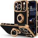 Hython for iPhone 17 Pro Max Case with Ring Stand, 360 Rotatable Ring Holder Magnetic Kickstand, Plating Rose Gold Edge Soft Cover Protective Phone Case for iPhone 17 Pro Max 6.9", Black