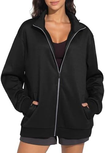 THE GYM PEOPLE Women's Oversized Full Zip Up Sweatshirts Fleece Long Sleeves Stand Collar Workout Jacket with Pockets M