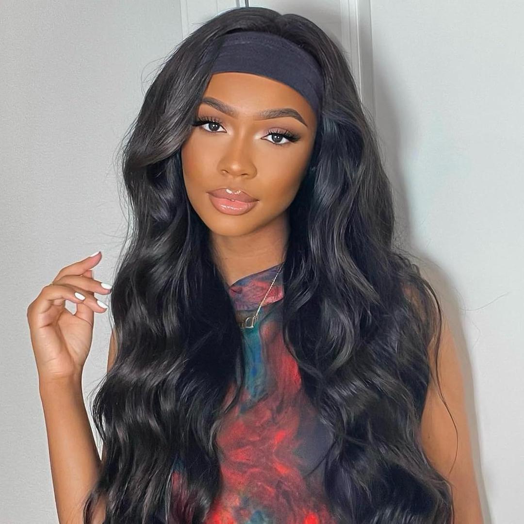 Body Wave Headband Wig Human Hair for Black Women Headband Wigs Glueless Wear and Go Non Lace Wig Brazilian Virgin Hair New Upgraded Breathable Sweat Wicking Headband 180% Density Headband Wig(24in)