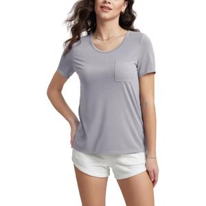 ODODOS Women's Short Sleeve T-Shirts with Pocket - Ultra Soft Relaxed Tee Casual Lounge Yoga Tops, Light Gray, Small