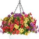 Mkono Artificial Hanging Flowers Basket for Outdoor Spring Decor, Fake Hanging Plants Faux Flowers for Front Porch Garden Patio Balcony Summer Decoration