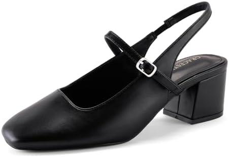 GRACESTRIDE Women's Slingback Heels Low Chunky Heel Buckle Strap Pumps Square Toe Wedding Dress Shoes 8, Black
