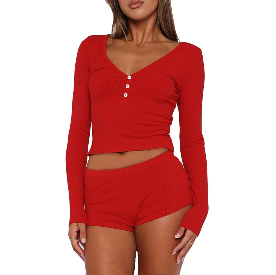 RUEWEY Womens Ribbed Knit Pajama Sets Long Sleeve Top and Shorts Matching Lounge Set PJ Set 2 Piece Outfits S