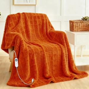 Heated Blanket Electric Heating Blanket Waffle with 12 Heat Levels, Fast Heating Blanket with 1-12 Timer, Overheat Protection with ETL & FCC for Bed Home Office Sofa -Orange -Single(50"x60")