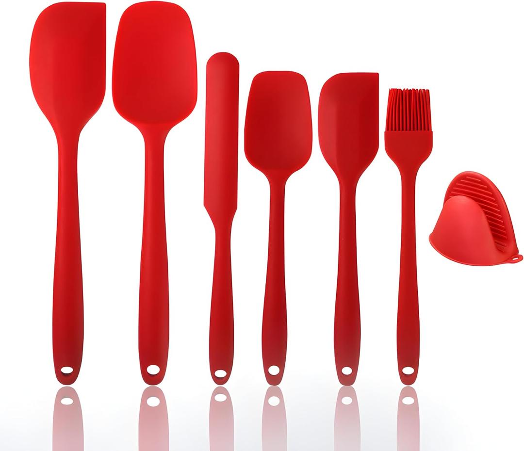 Silicone Spatula, Set 6 pcs, Mixing High Heat Resistant Non Stick, with Stainless Steel Core for Baking, Cooking, Dishwasher Safe BPA Free, with Bonus mini rubber oven gloves (Red)