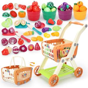 Kids Shopping Cart with Cutting Play Food Set for Kid Kitchen, 2 in 1 Shopping Cart for Kids Grocery Store Pretend Play Kitchen Accessories Sorting Food Bucket Learning Toys Gift for Toddler 3-5 (Brown)