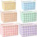 6 Pack Pastel Plaid Canvas Baskets Rectangular Storage Bins Collapsible Decorative Organizer Bins with Handles for Gift Basket, Home, Kitchen, Bedroom, Classroom, Shelves